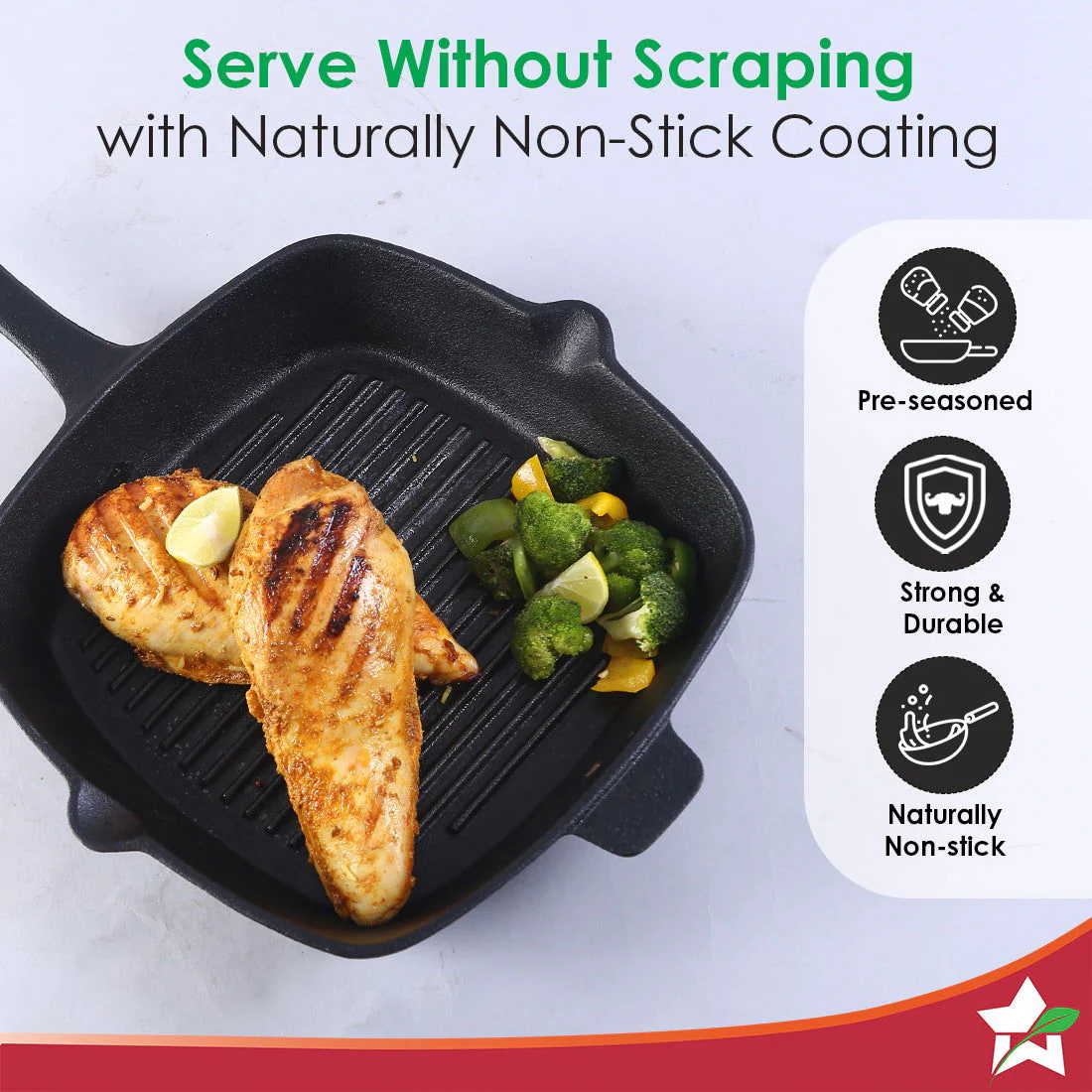 Forza Cast-iron 26 cm Grill Pan, Pre-Seasoned Cookware, Induction Friendly, 3.8 mm - Image 6