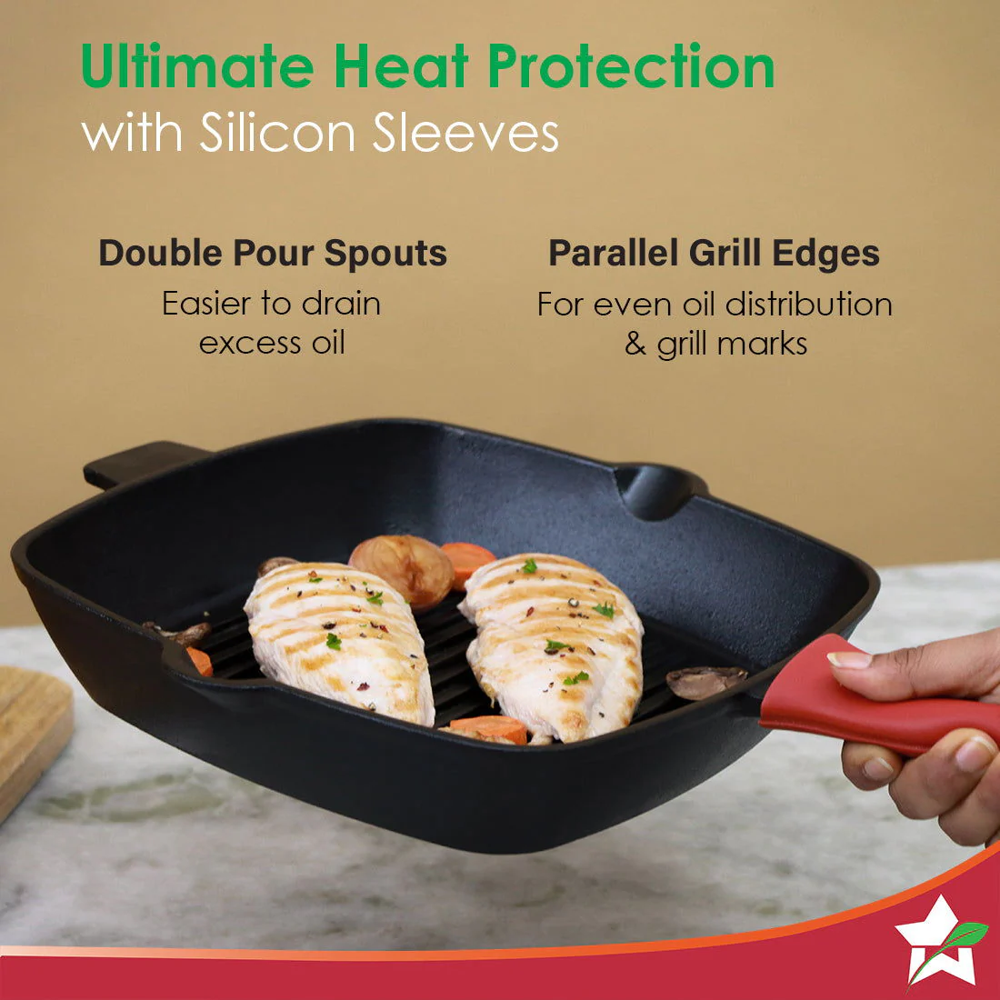 Forza Cast-iron 26 cm Grill Pan, Pre-Seasoned Cookware, Induction Friendly, 3.8 mm - Image 7