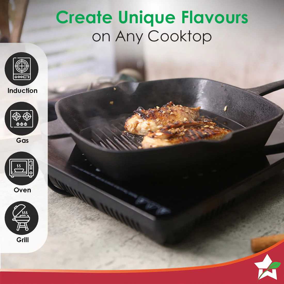 Forza Cast-iron 26 cm Grill Pan, Pre-Seasoned Cookware, Induction Friendly, 3.8 mm - Image 8