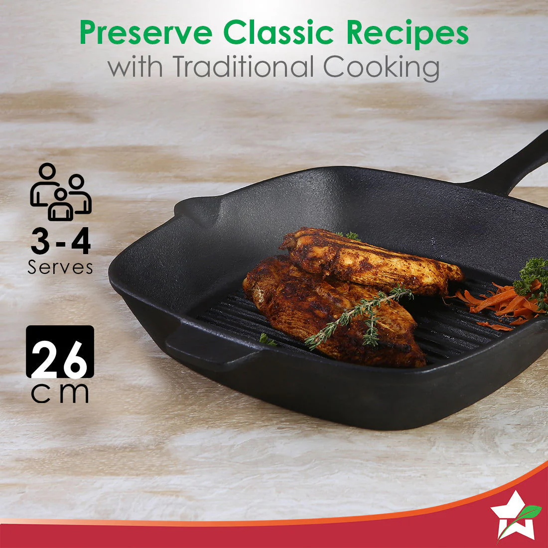 Forza Cast-iron 26 cm Grill Pan, Pre-Seasoned Cookware, Induction Friendly, 3.8 mm - Image 9