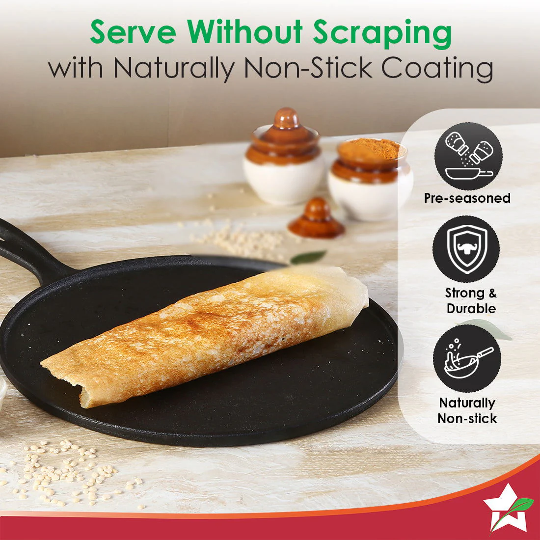 Forza Cast-Iron 27 cm Dosa Tawa Pan | Pre-Seasoned Cookware | Induction Friendly | 4 mm | With Lifetime Exchange Warranty - Image 4