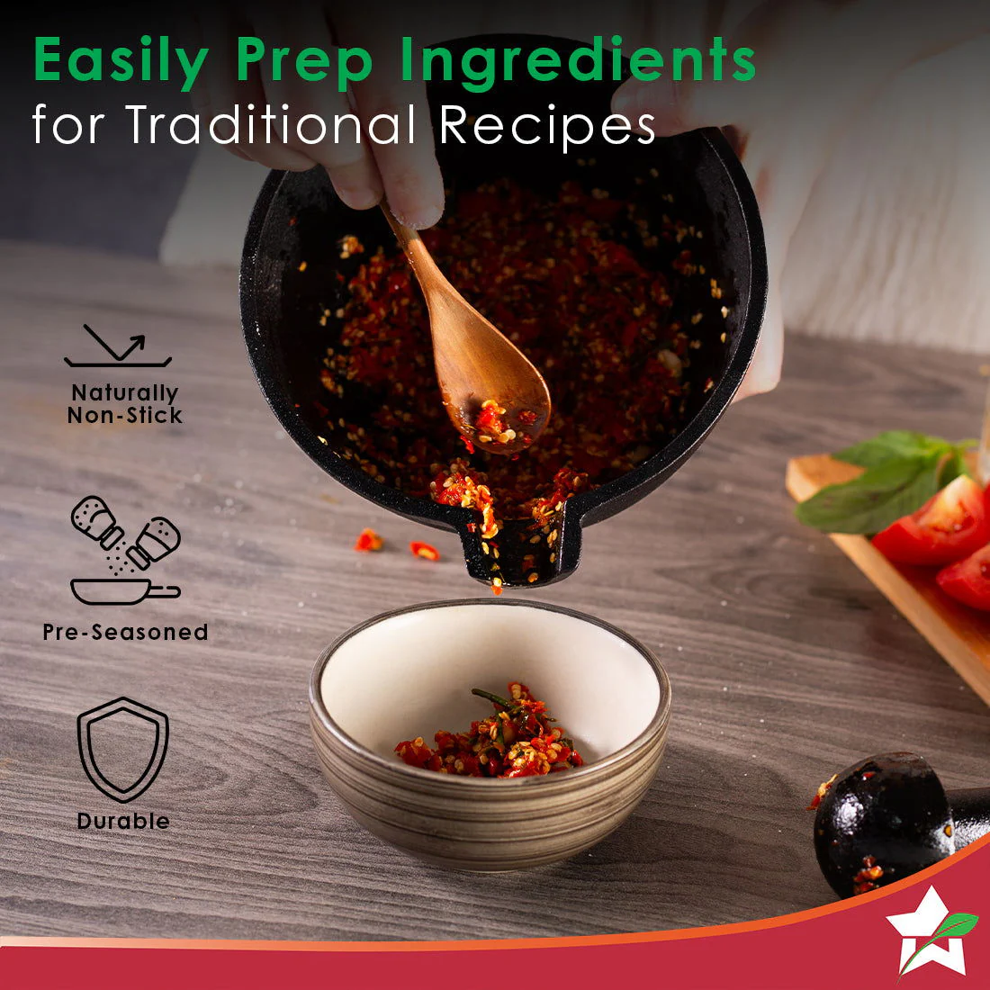 Forza pre-seasoned cast-iron mortar & pestle - Image 3