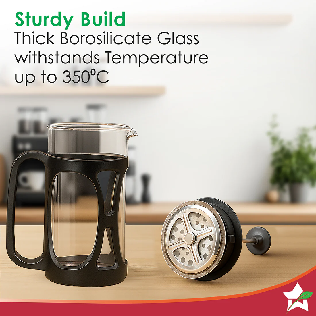 French Press Coffee & Tea Maker 350 ml | Premium Heat Resistant Borosilicate Glass Carafe | 4 Level Filtration System | Stainless Steel Plunger with Mesh | 1-2 Cups of Coffee | Brews in Just 3 Minutes | Black | 1 Year Warranty - Image 6