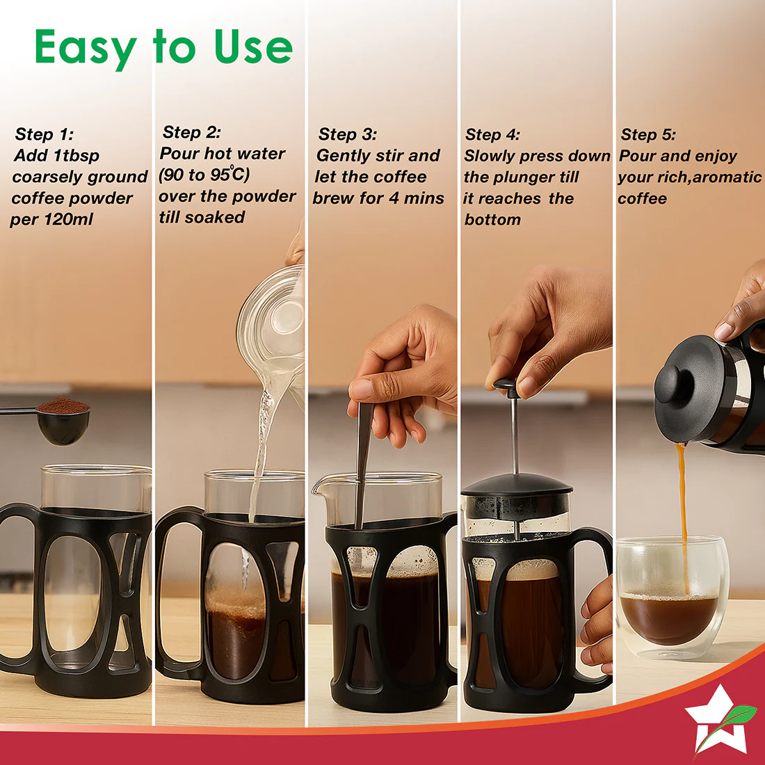 French Press Coffee & Tea Maker, 4-level Filtration System for Hot Brews, 600ml Capacity, Borosilicate Glass Container, Stainless-steel Mesh, Coffee Maker for Home & Kitchen, 2-Yr Warranty - Image 5