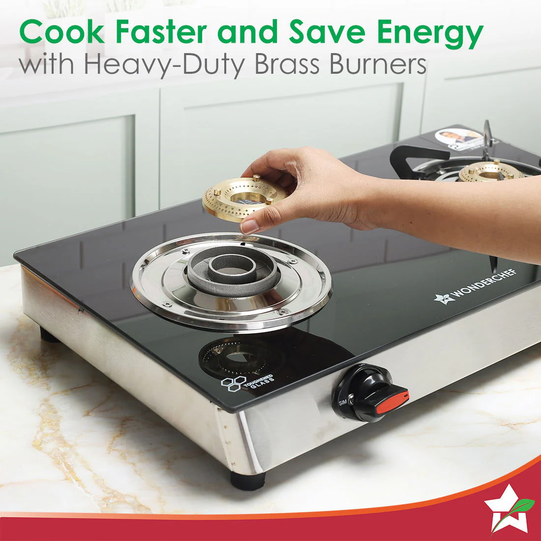 Galaxy 2 Burner Gas Stove | 1 Medium, 1 Small Wide Spaced Burners | Highly Efficient Tri-pin Brass Burners | Precise Flame Control | BIS Approved 6mm Toughened Glass Top | 2 Year Warranty - Image 5