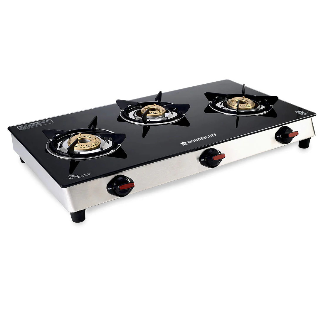 Galaxy 3 Burner Gas Stove | 2 Medium, 1 Small Wide Spaced Burners | Highly Efficient Tri-pin Brass Burners | Precise Flame Control | BIS Approved 6mm Toughened Glass Top | 2 Year Warranty