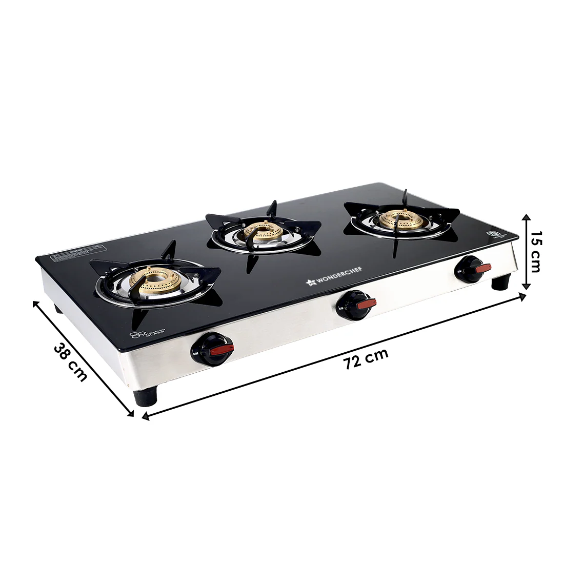 Galaxy 3 Burner Gas Stove | 2 Medium, 1 Small Wide Spaced Burners | Highly Efficient Tri-pin Brass Burners | Precise Flame Control | BIS Approved 6mm Toughened Glass Top | 2 Year Warranty - Image 3