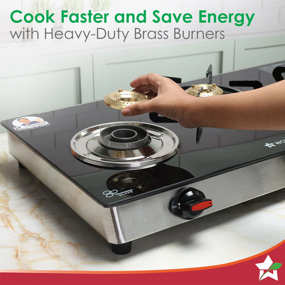 Galaxy 3 Burner Gas Stove | 2 Medium, 1 Small Wide Spaced Burners | Highly Efficient Tri-pin Brass Burners | Precise Flame Control | BIS Approved 6mm Toughened Glass Top | 2 Year Warranty - Image 5