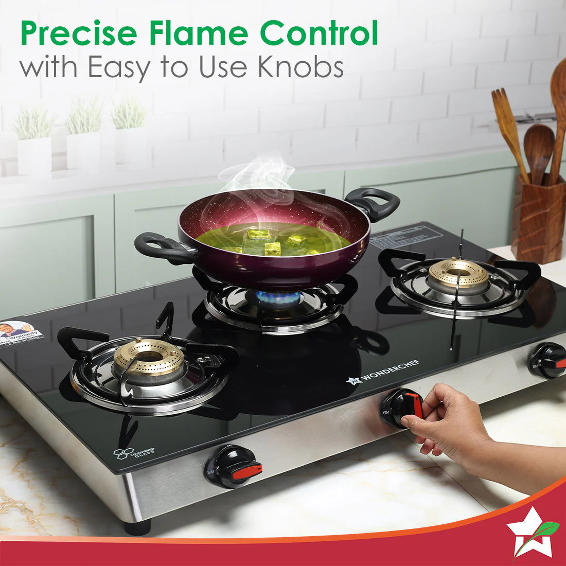 Galaxy 3 Burner Gas Stove | 2 Medium, 1 Small Wide Spaced Burners | Highly Efficient Tri-pin Brass Burners | Precise Flame Control | BIS Approved 6mm Toughened Glass Top | 2 Year Warranty - Image 6
