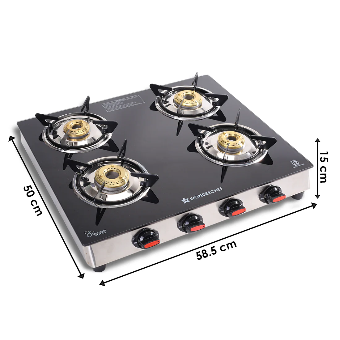 Galaxy 4 Burner Gas Stove | 2 Medium, 2 Small Wide Spaced Burners | Highly Efficient Tri-pin Brass Burners | Precise Flame Control | BIS Approved 6mm Toughened Glass Top | 2 Year Warranty - Image 3