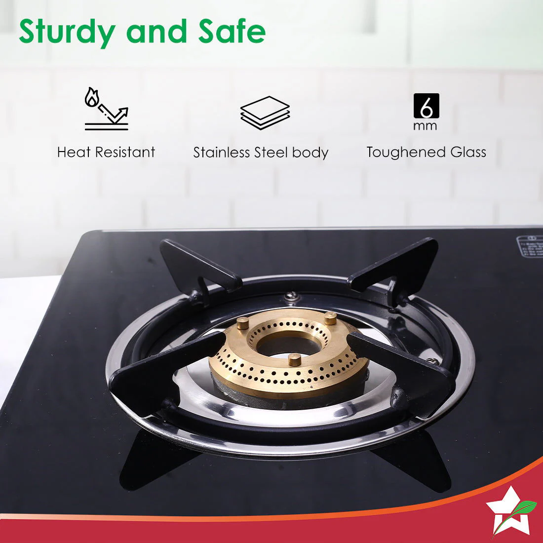 Galaxy 4 Burner Gas Stove | 2 Medium, 2 Small Wide Spaced Burners | Highly Efficient Tri-pin Brass Burners | Precise Flame Control | BIS Approved 6mm Toughened Glass Top | 2 Year Warranty - Image 4