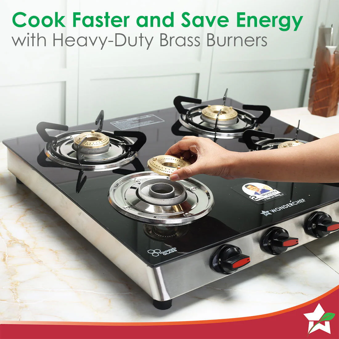 Galaxy 4 Burner Gas Stove | 2 Medium, 2 Small Wide Spaced Burners | Highly Efficient Tri-pin Brass Burners | Precise Flame Control | BIS Approved 6mm Toughened Glass Top | 2 Year Warranty - Image 5