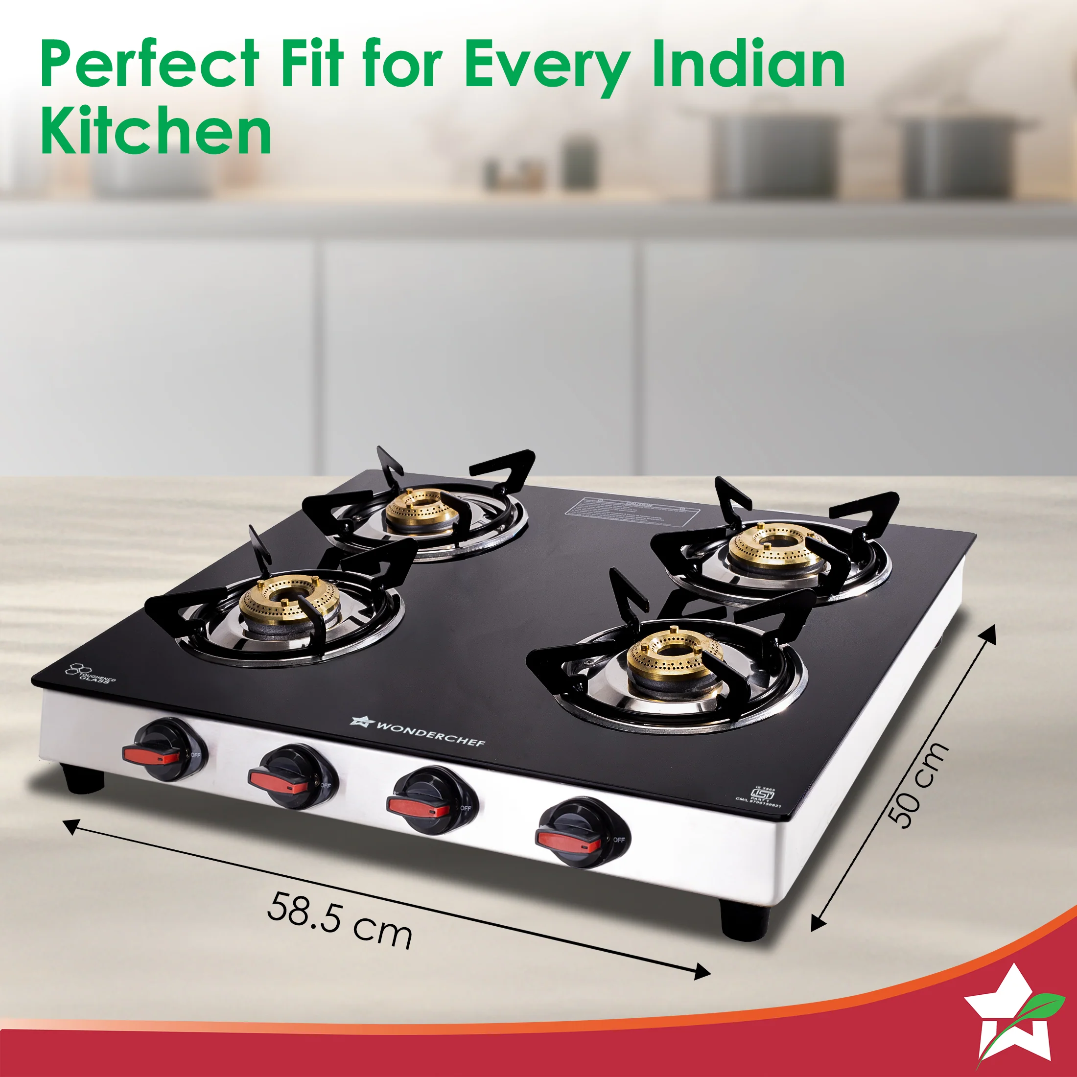 Galaxy Auto-Ignition 4 Brass Burner Gas Stove, LPG Gas Stove for Kitchen, No Lighter Needed, ISI Toughened Glass Surface, SS Frame, Spill-proof Design, Ergonomic Knobs, 2-Yr Warranty - Image 3