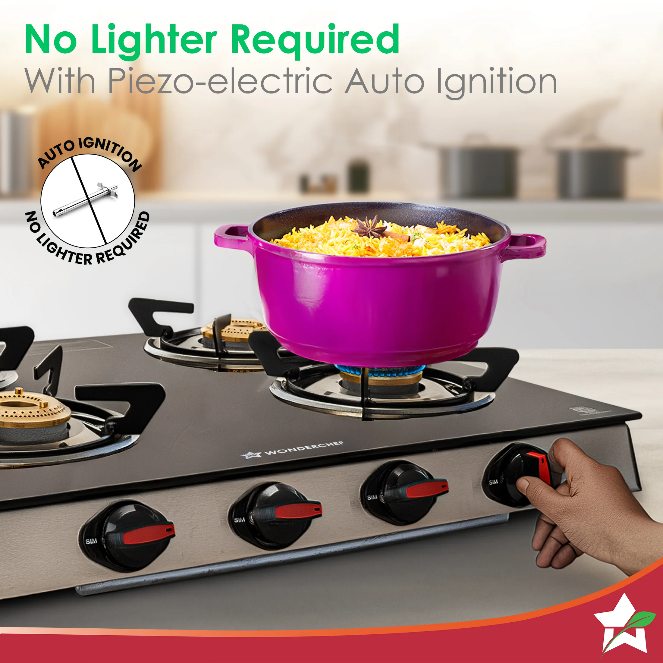 Galaxy Auto-Ignition 4 Brass Burner Gas Stove, LPG Gas Stove for Kitchen, No Lighter Needed, ISI Toughened Glass Surface, SS Frame, Spill-proof Design, Ergonomic Knobs, 2-Yr Warranty - Image 4
