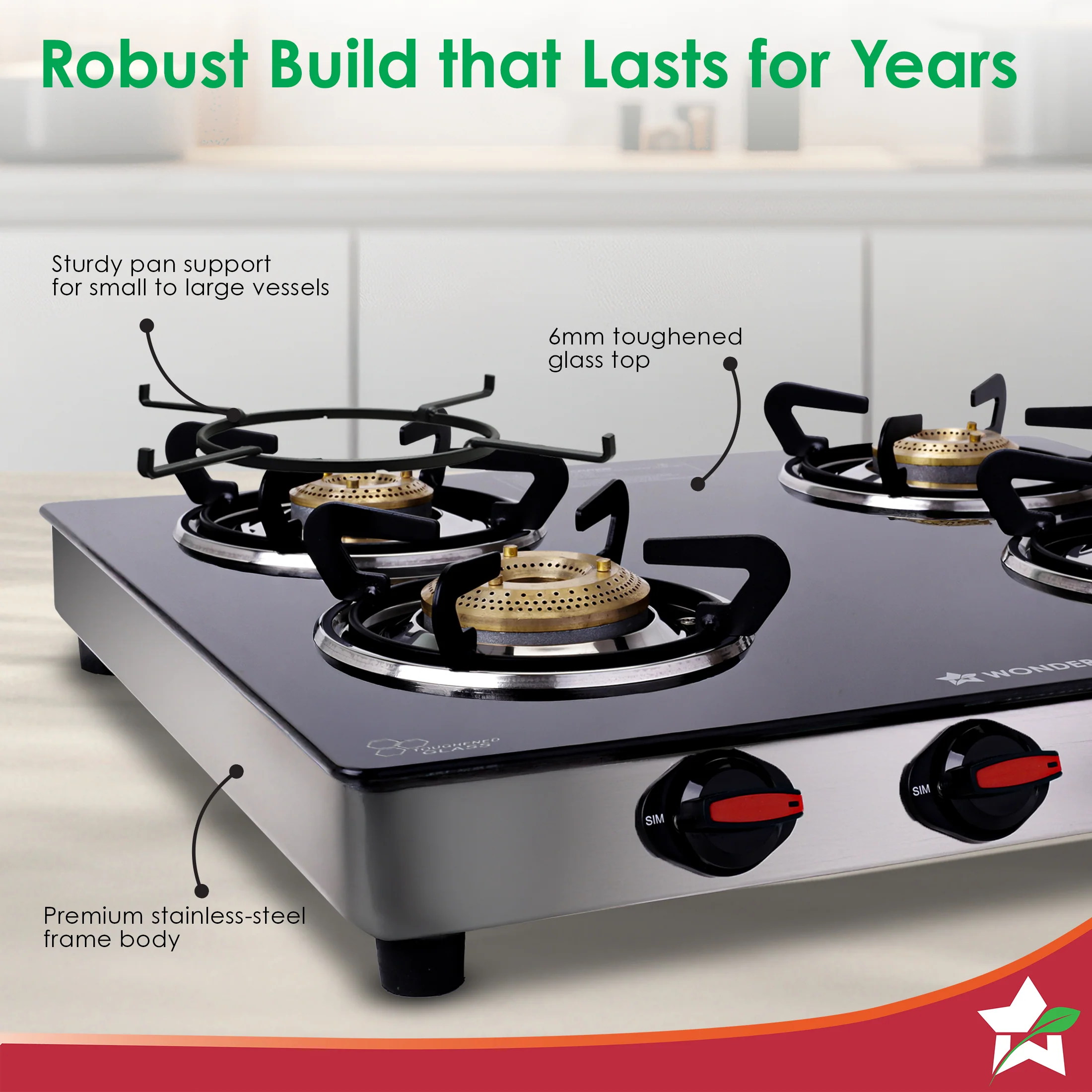 Galaxy Auto-Ignition 4 Brass Burner Gas Stove, LPG Gas Stove for Kitchen, No Lighter Needed, ISI Toughened Glass Surface, SS Frame, Spill-proof Design, Ergonomic Knobs, 2-Yr Warranty - Image 5