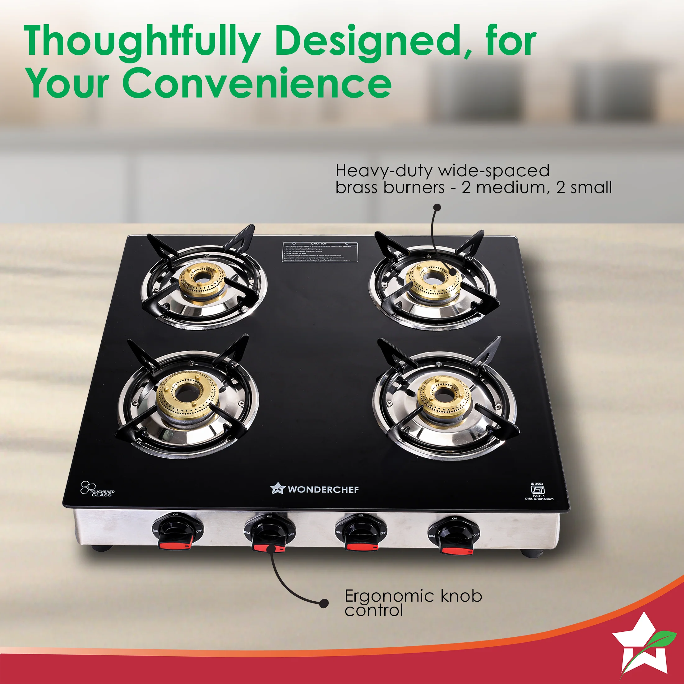 Galaxy Auto-Ignition 4 Brass Burner Gas Stove, LPG Gas Stove for Kitchen, No Lighter Needed, ISI Toughened Glass Surface, SS Frame, Spill-proof Design, Ergonomic Knobs, 2-Yr Warranty - Image 6