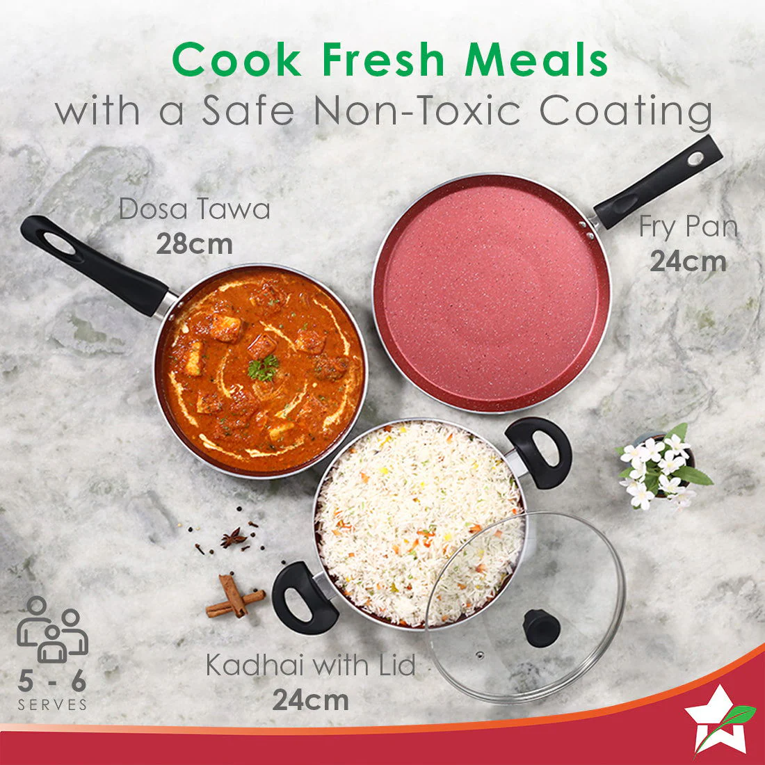 Galaxy Cookware 4 Piece Set | Kadhai with Lid, Fry Pan, Dosa Tawa | Induction Friendly | Cool Touch Bakelite Handles | Pure Grade Aluminium| PFOA Free| 2 Years Warranty | Brick Red - Image 3