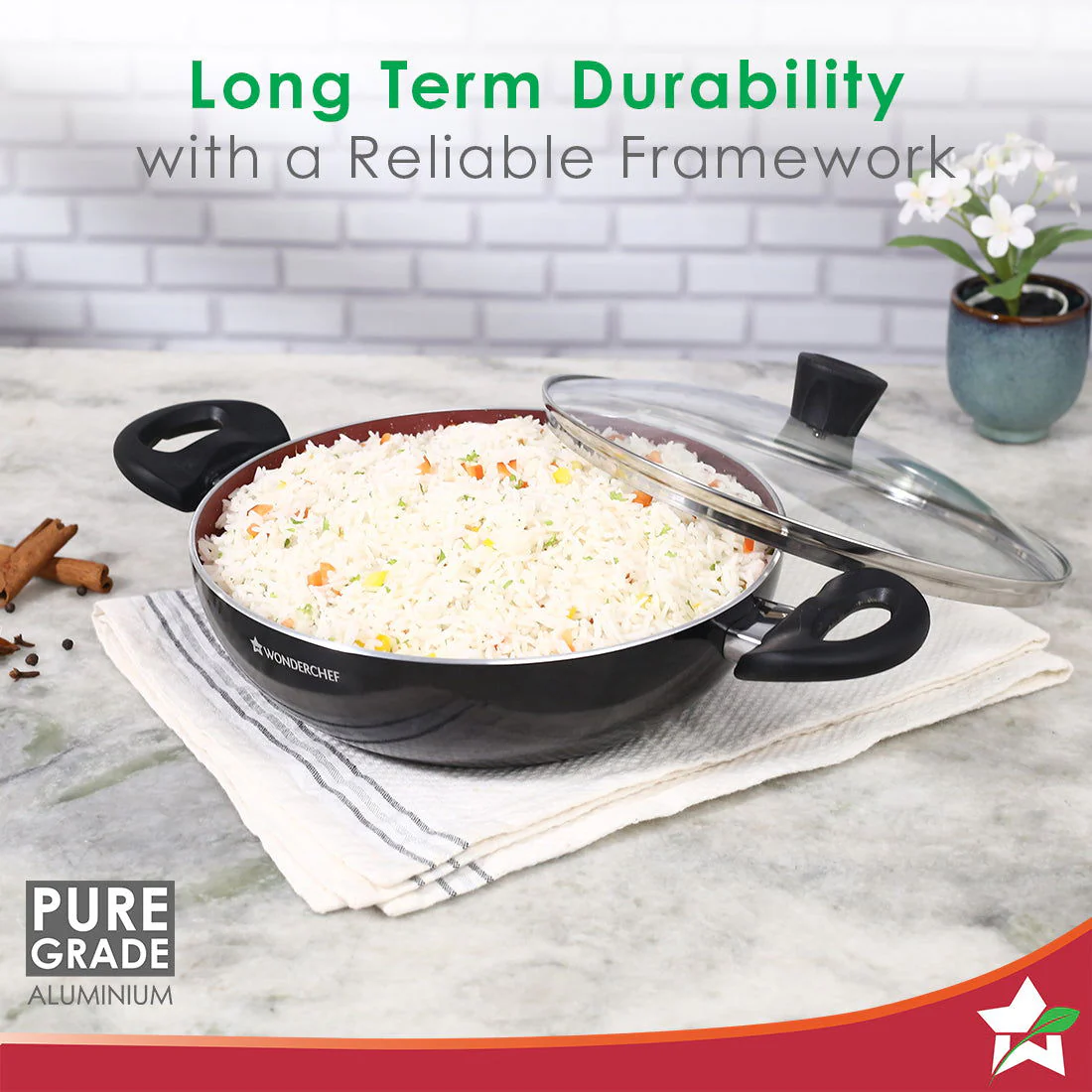 Galaxy Cookware 4 Piece Set | Kadhai with Lid, Fry Pan, Dosa Tawa | Induction Friendly | Cool Touch Bakelite Handles | Pure Grade Aluminium| PFOA Free| 2 Years Warranty | Brick Red - Image 5