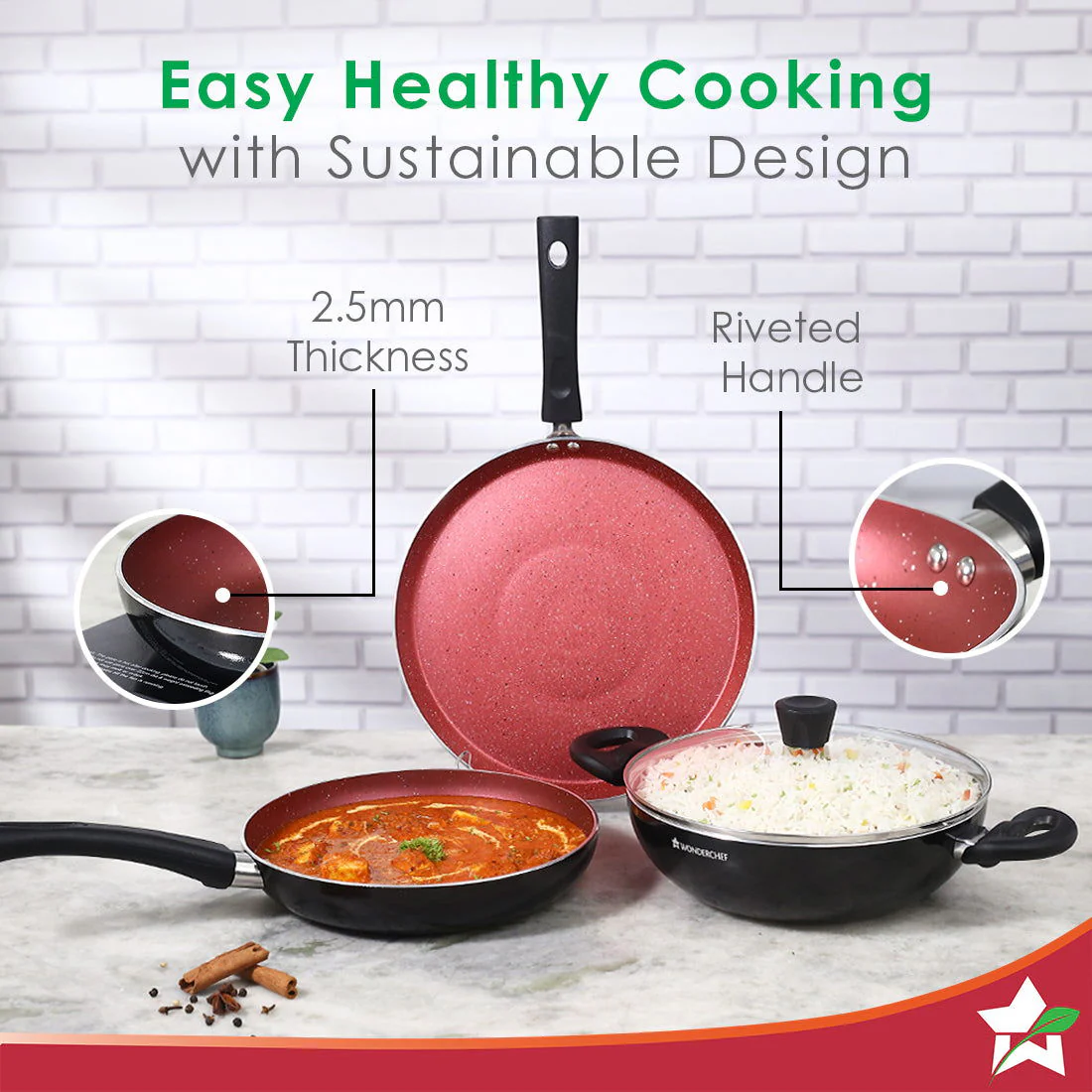 Galaxy Cookware 4 Piece Set | Kadhai with Lid, Fry Pan, Dosa Tawa | Induction Friendly | Cool Touch Bakelite Handles | Pure Grade Aluminium| PFOA Free| 2 Years Warranty | Brick Red - Image 7