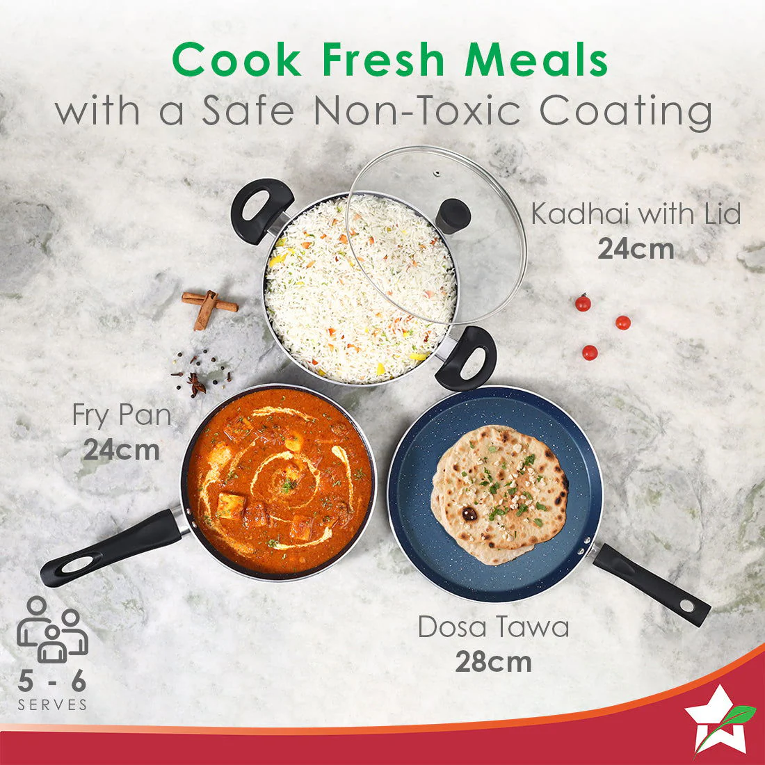 Galaxy Cookware 4 Piece Set | 24 cm Kadhai with Lid, 24 cm Fry Pan, 28 cm Dosa Tawa | Induction Friendly | Cool Touch Bakelite Handles | Pure Grade Aluminium| PFOA Free| 2 Years Warranty | Midnight Blue - Image 4