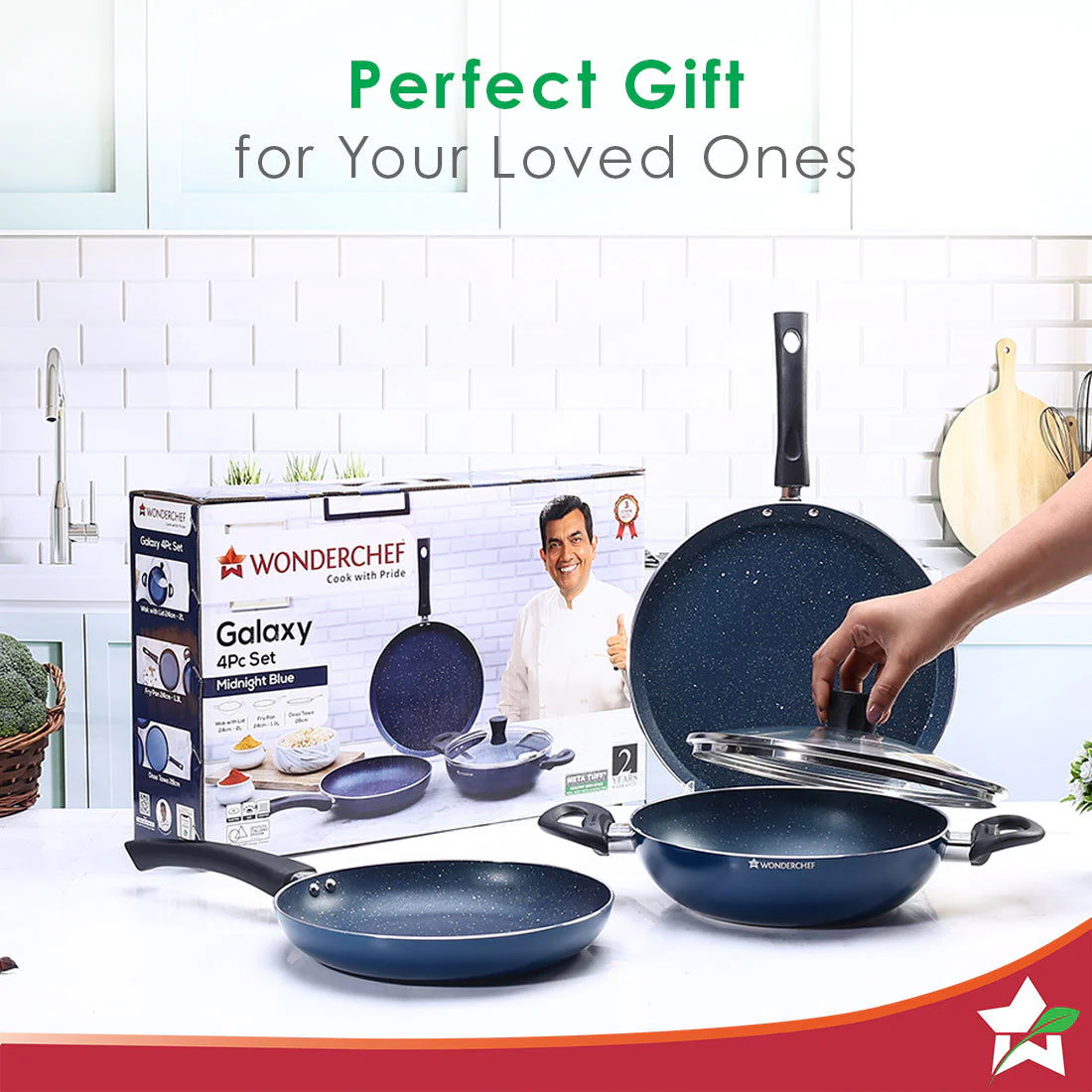 Galaxy Cookware 4 Piece Set | 24 cm Kadhai with Lid, 24 cm Fry Pan, 28 cm Dosa Tawa | Induction Friendly | Cool Touch Bakelite Handles | Pure Grade Aluminium| PFOA Free| 2 Years Warranty | Midnight Blue - Image 5