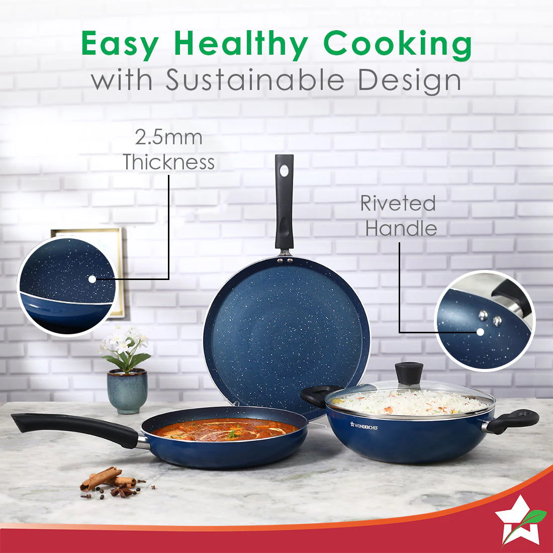 Galaxy Cookware 4 Piece Set | 24 cm Kadhai with Lid, 24 cm Fry Pan, 28 cm Dosa Tawa | Induction Friendly | Cool Touch Bakelite Handles | Pure Grade Aluminium| PFOA Free| 2 Years Warranty | Midnight Blue - Image 8