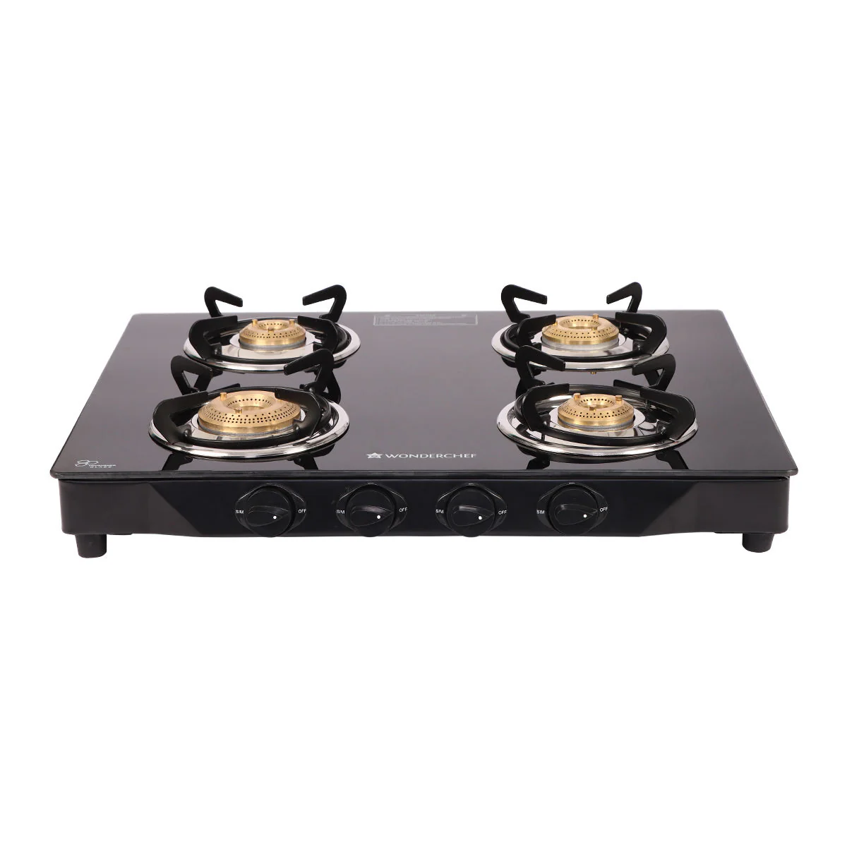 Glory 4 Burner Glass Gas Stove, Black 8mm Toughened Glass with 2 Years Warranty, Ergonomic Knobs, Stainless Steel Drip Tray, Manual Ignition Gas Stove