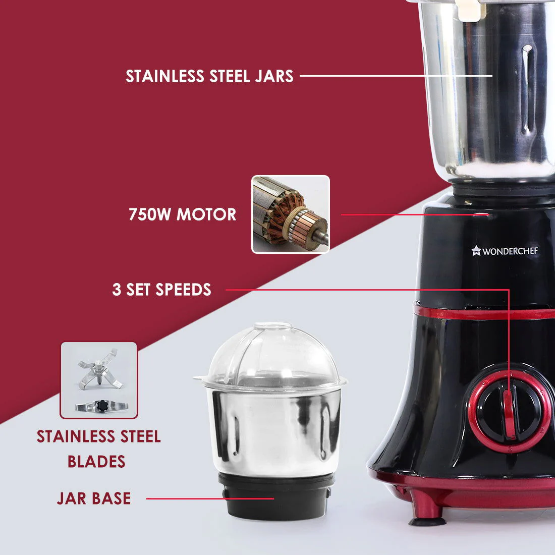 Wonderchef Renewed Glory Mixer Grinder | 750W | 4 Stainless Steel Jars and Anti-rust Stainless Steel Blades | Ergonomic Handles - Image 12