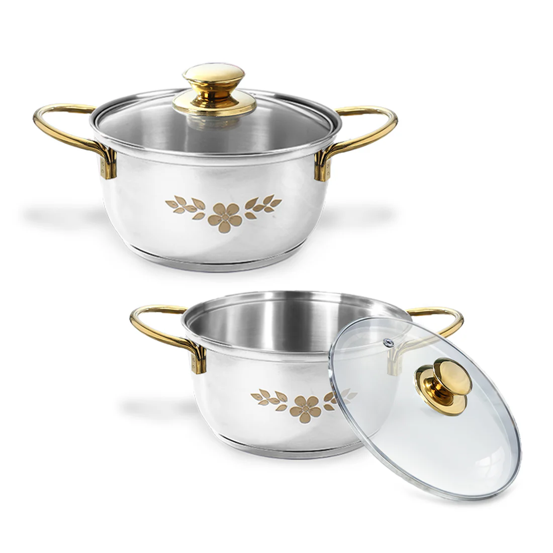 Gold Stanton 2 Pc Casserole Set with Glass Lids, 20 cm/22 cm, Chemical-free Food-grade Stainless-steel, Gold Finish, Use for Cooking & Serving, Stackable, Gift for Occasions, 1-Yr Warranty