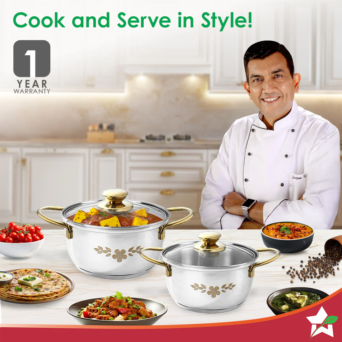 Gold Stanton 2 Pc Casserole Set with Glass Lids, 20 cm/22 cm, Chemical-free Food-grade Stainless-steel, Gold Finish, Use for Cooking & Serving, Stackable, Gift for Occasions, 1-Yr Warranty - Image 2