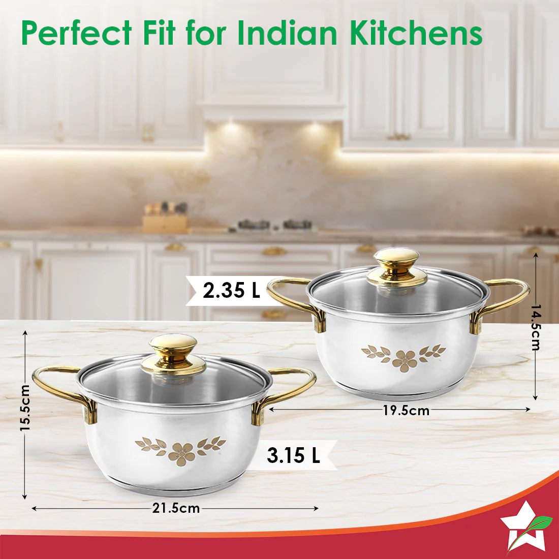 Gold Stanton 2 Pc Casserole Set with Glass Lids, 20 cm/22 cm, Chemical-free Food-grade Stainless-steel, Gold Finish, Use for Cooking & Serving, Stackable, Gift for Occasions, 1-Yr Warranty - Image 3