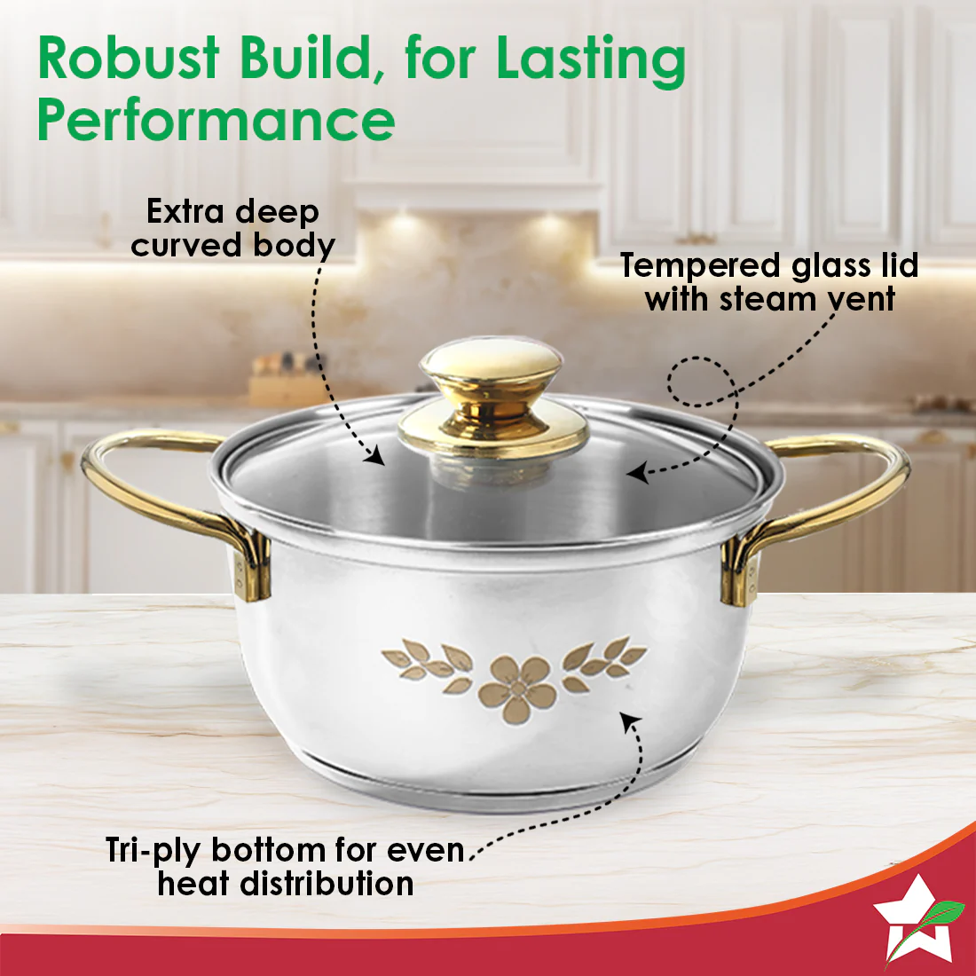Gold Stanton 2 Pc Casserole Set with Glass Lids, 20 cm/22 cm, Chemical-free Food-grade Stainless-steel, Gold Finish, Use for Cooking & Serving, Stackable, Gift for Occasions, 1-Yr Warranty - Image 4