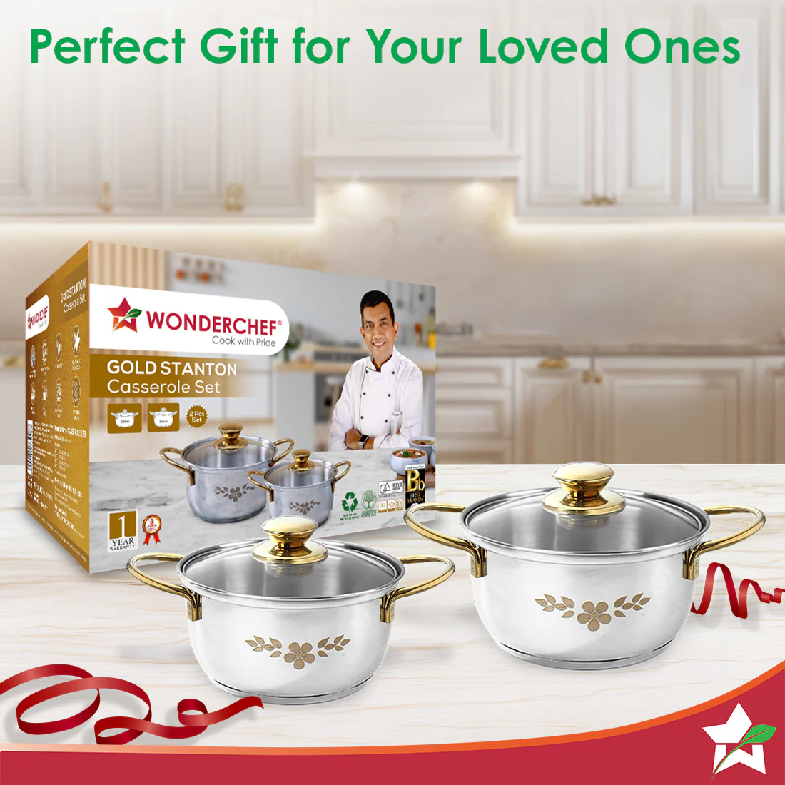 Gold Stanton 2 Pc Casserole Set with Glass Lids, 20 cm/22 cm, Chemical-free Food-grade Stainless-steel, Gold Finish, Use for Cooking & Serving, Stackable, Gift for Occasions, 1-Yr Warranty - Image 6