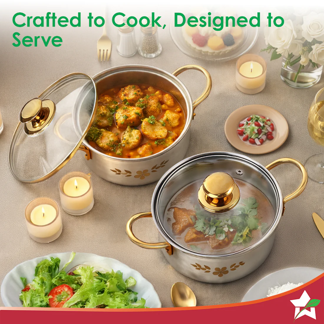 Gold Stanton 2 Pc Casserole Set with Glass Lids, 20 cm/22 cm, Chemical-free Food-grade Stainless-steel, Gold Finish, Use for Cooking & Serving, Stackable, Gift for Occasions, 1-Yr Warranty - Image 7