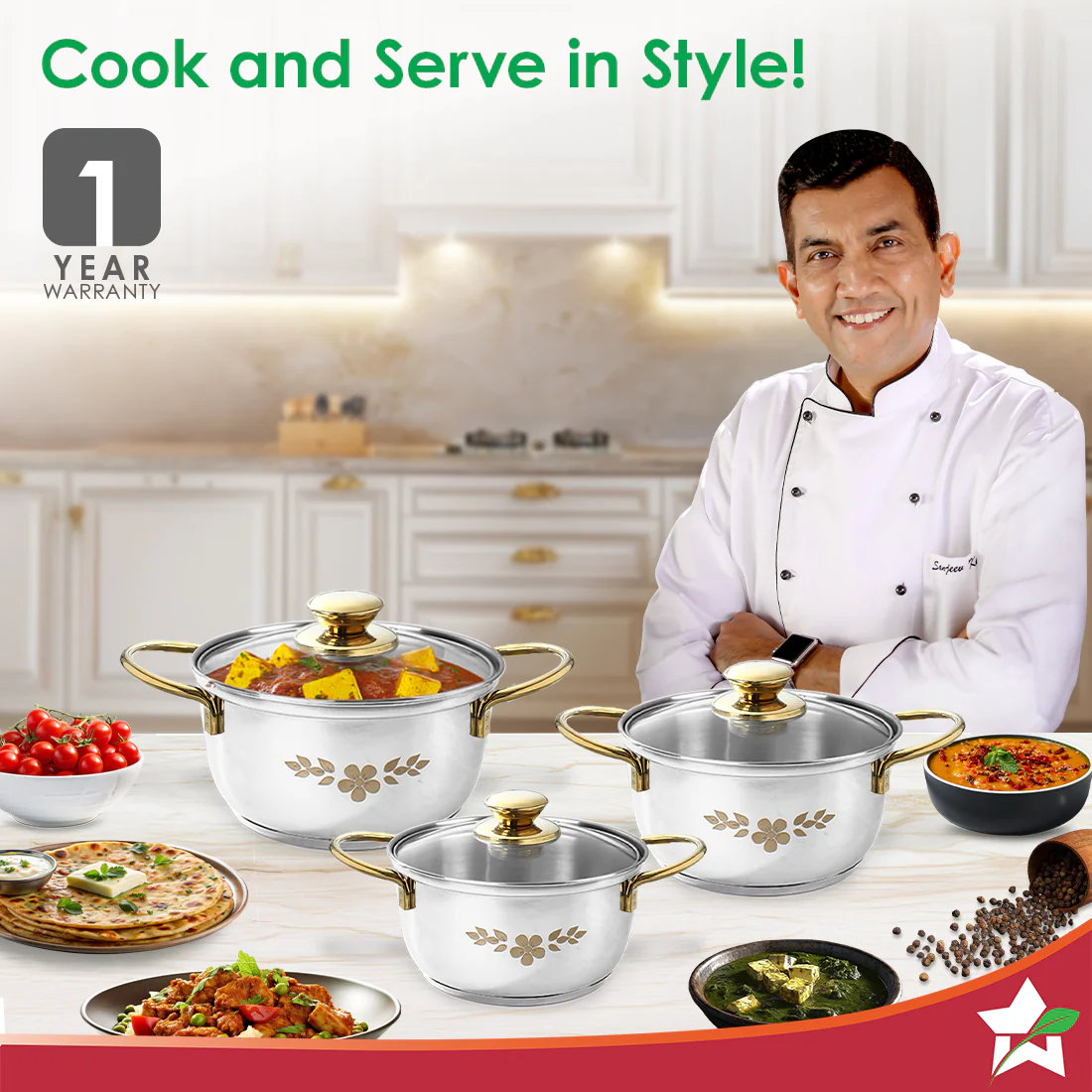 Gold Stanton Stainless Steel 3 piece Casserole Set with Glass Lid | Golden knobs and handles | Induction & Gas Stove friendly | Set of 3 (1.6L, 2.3L, 3.1L) | 1 Year Warranty - Image 2