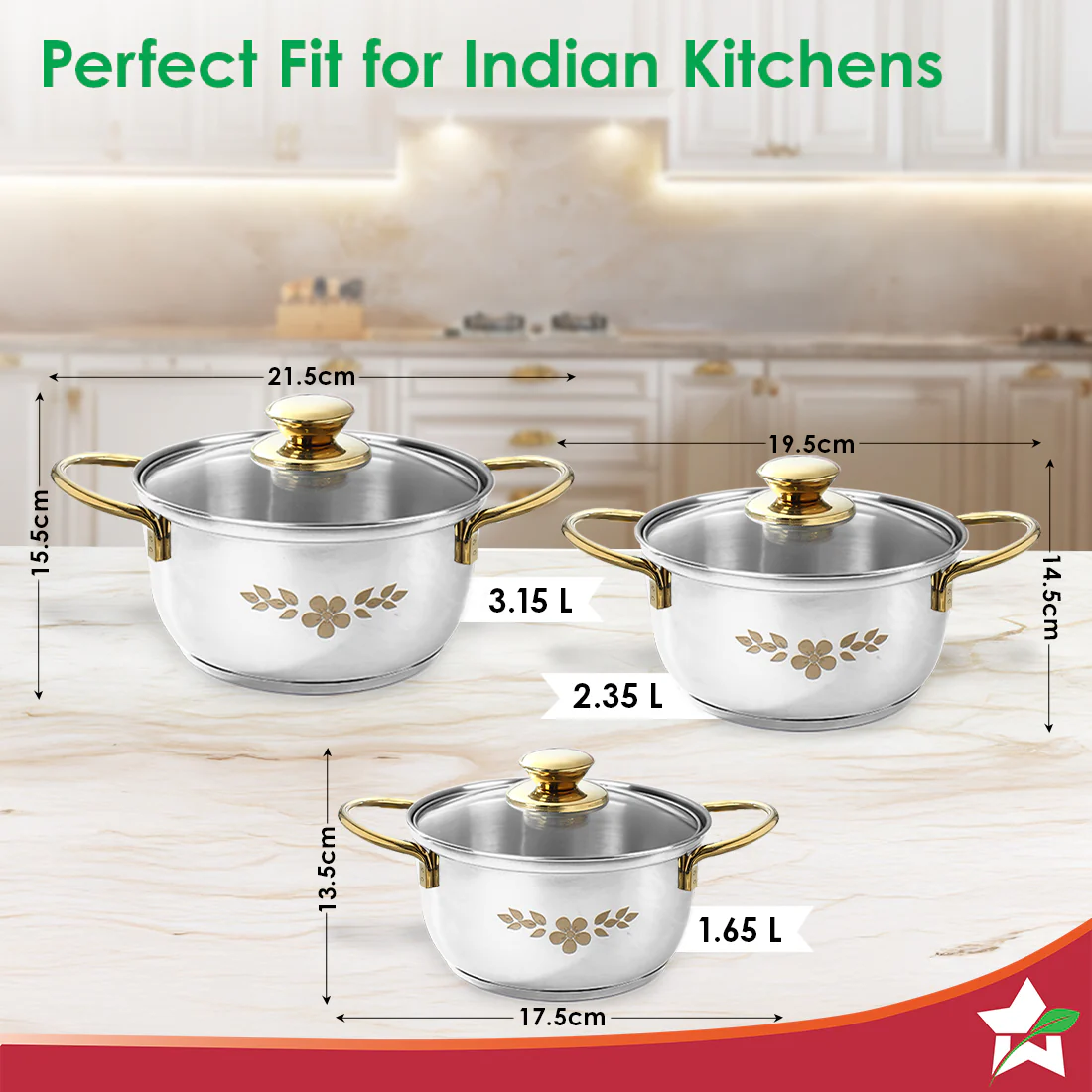 Gold Stanton Stainless Steel 3 piece Casserole Set with Glass Lid | Golden knobs and handles | Induction & Gas Stove friendly | Set of 3 (1.6L, 2.3L, 3.1L) | 1 Year Warranty - Image 3