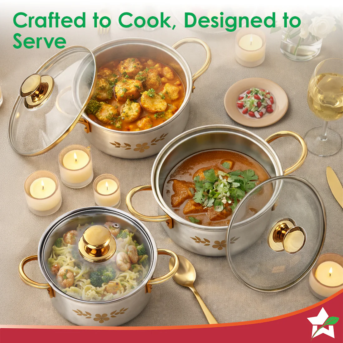 Gold Stanton Stainless Steel 3 piece Casserole Set with Glass Lid | Golden knobs and handles | Induction & Gas Stove friendly | Set of 3 (1.6L, 2.3L, 3.1L) | 1 Year Warranty - Image 7