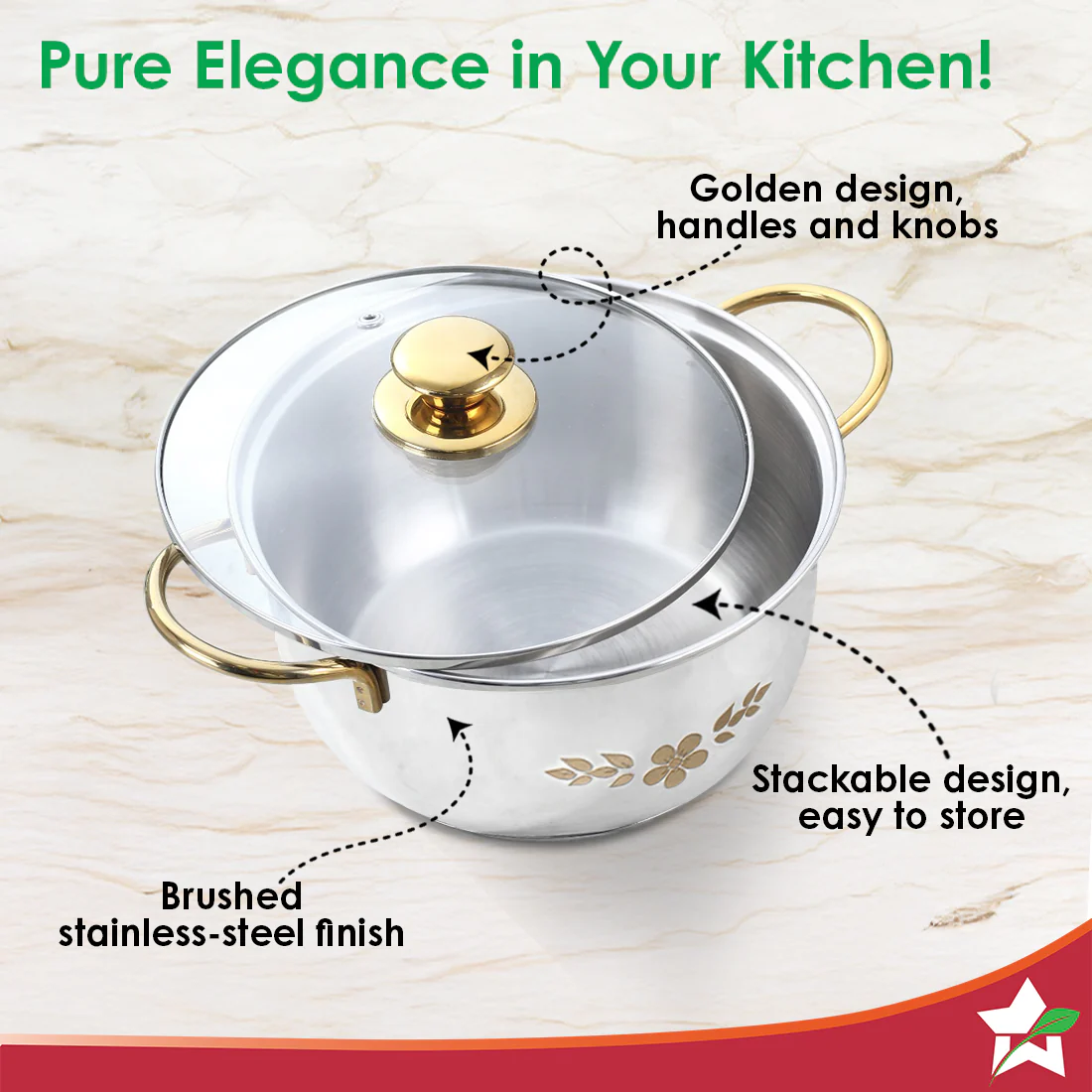 Gold Stanton Stainless Steel 3 piece Casserole Set with Glass Lid | Golden knobs and handles | Induction & Gas Stove friendly | Set of 3 (1.6L, 2.3L, 3.1L) | 1 Year Warranty - Image 8