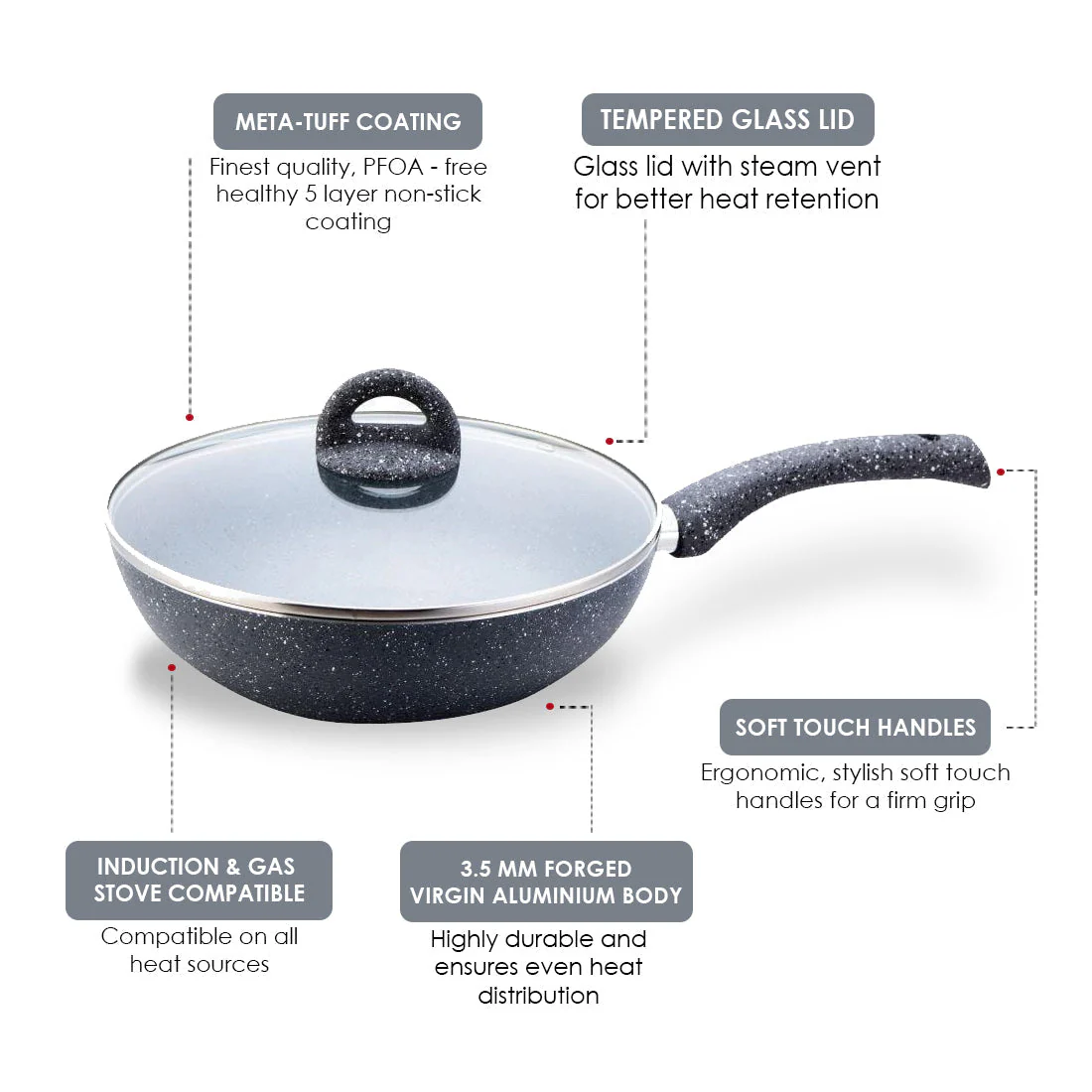 Wonderchef Renewed Granite 26cm Non-Stick Wok (without Lid) | 3.1L | Induction Bottom | Soft-Touch Handles | Virgin Grade Aluminium | 3.5mm Thick | PFOA and Heavy Metals Free - Image 11