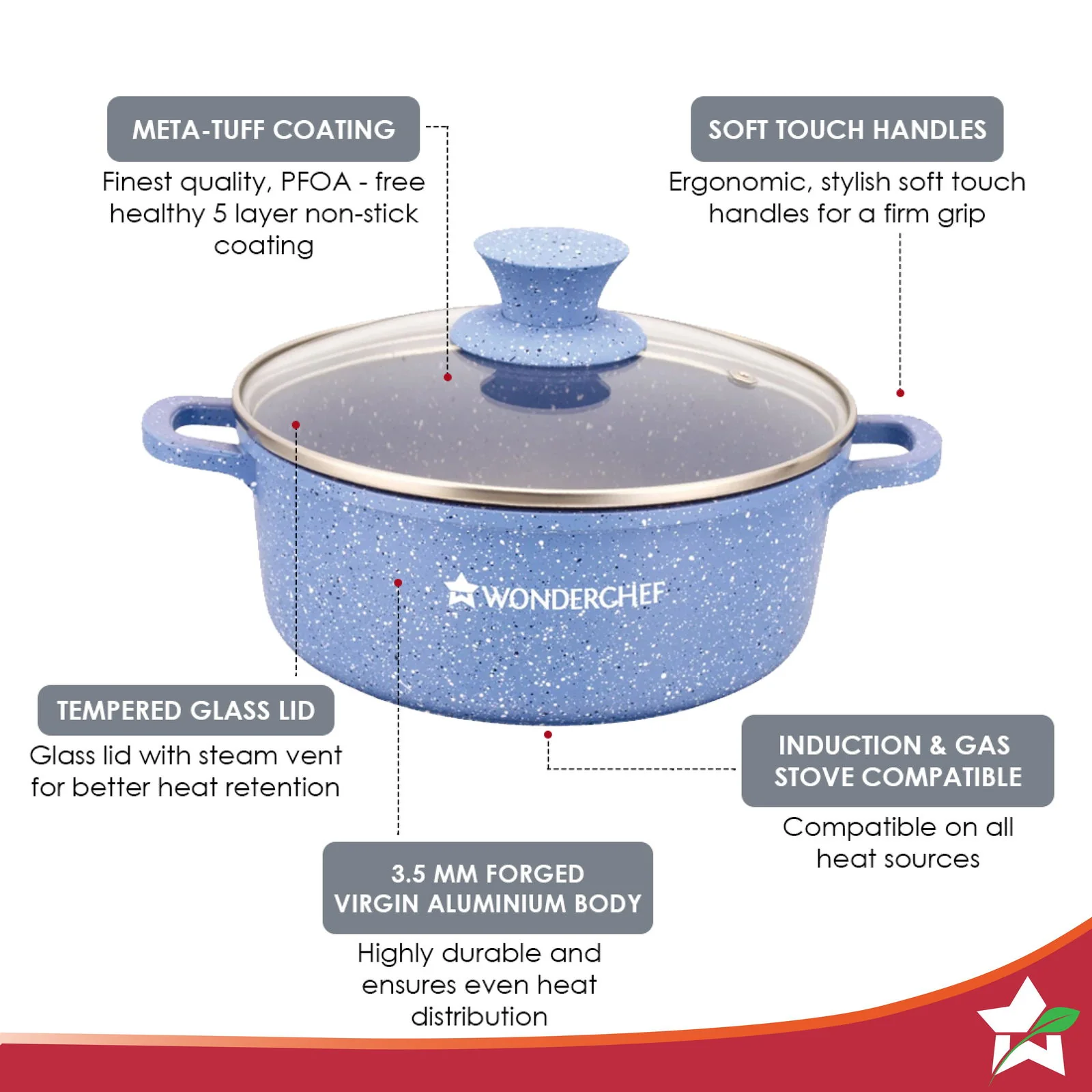 Granite Die-cast Non-stick Casserole Set, 6Pc (1150ML, 2000ML, 4500ML) With Lids, Induction Bottom, Soft Touch Handles, Pure Grade Aluminium, PFOA/Heavy Metal Free, 2 Years Warranty, Blue - Image 2