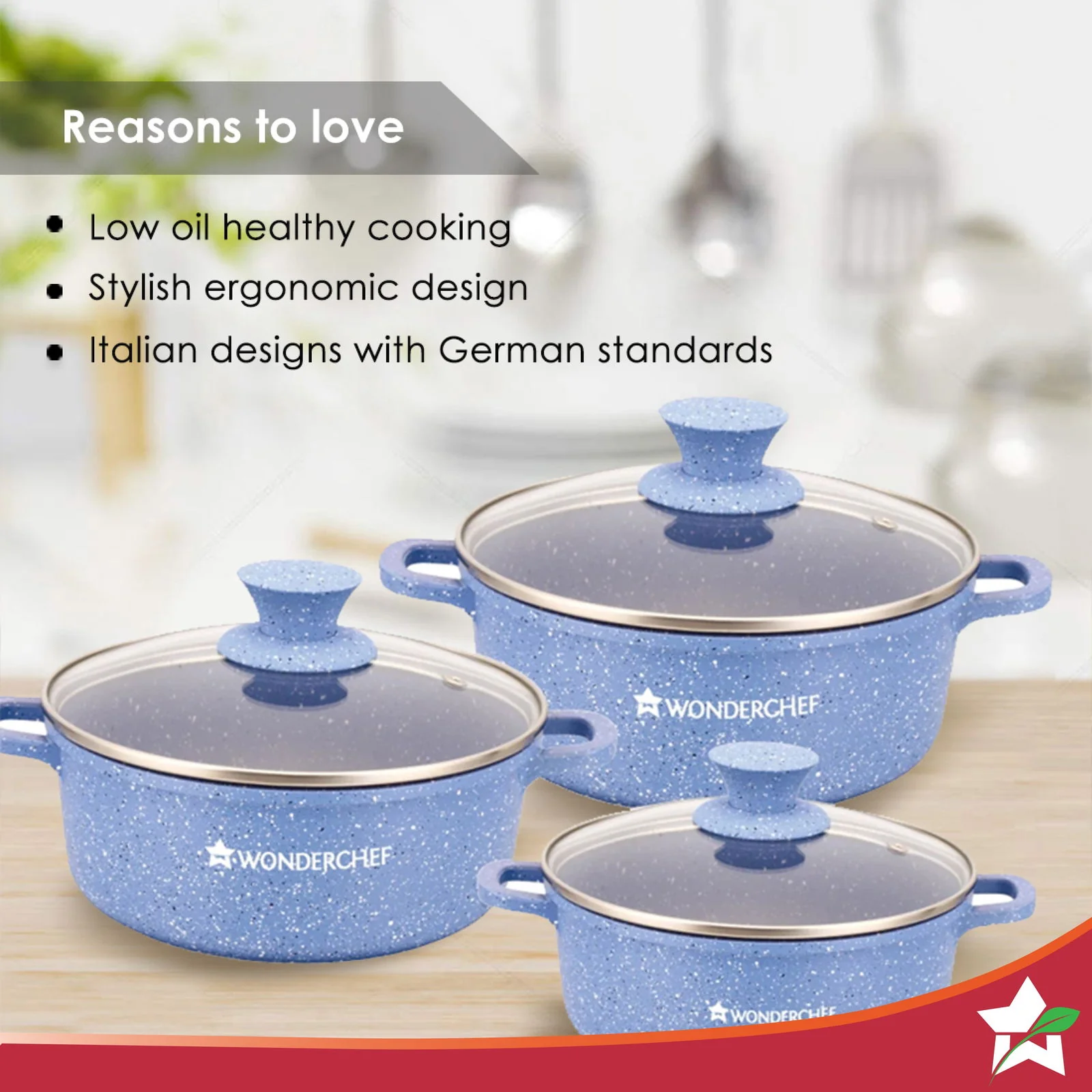 Granite Die-cast Non-stick Casserole Set, 6Pc (1150ML, 2000ML, 4500ML) With Lids, Induction Bottom, Soft Touch Handles, Pure Grade Aluminium, PFOA/Heavy Metal Free, 2 Years Warranty, Blue - Image 4