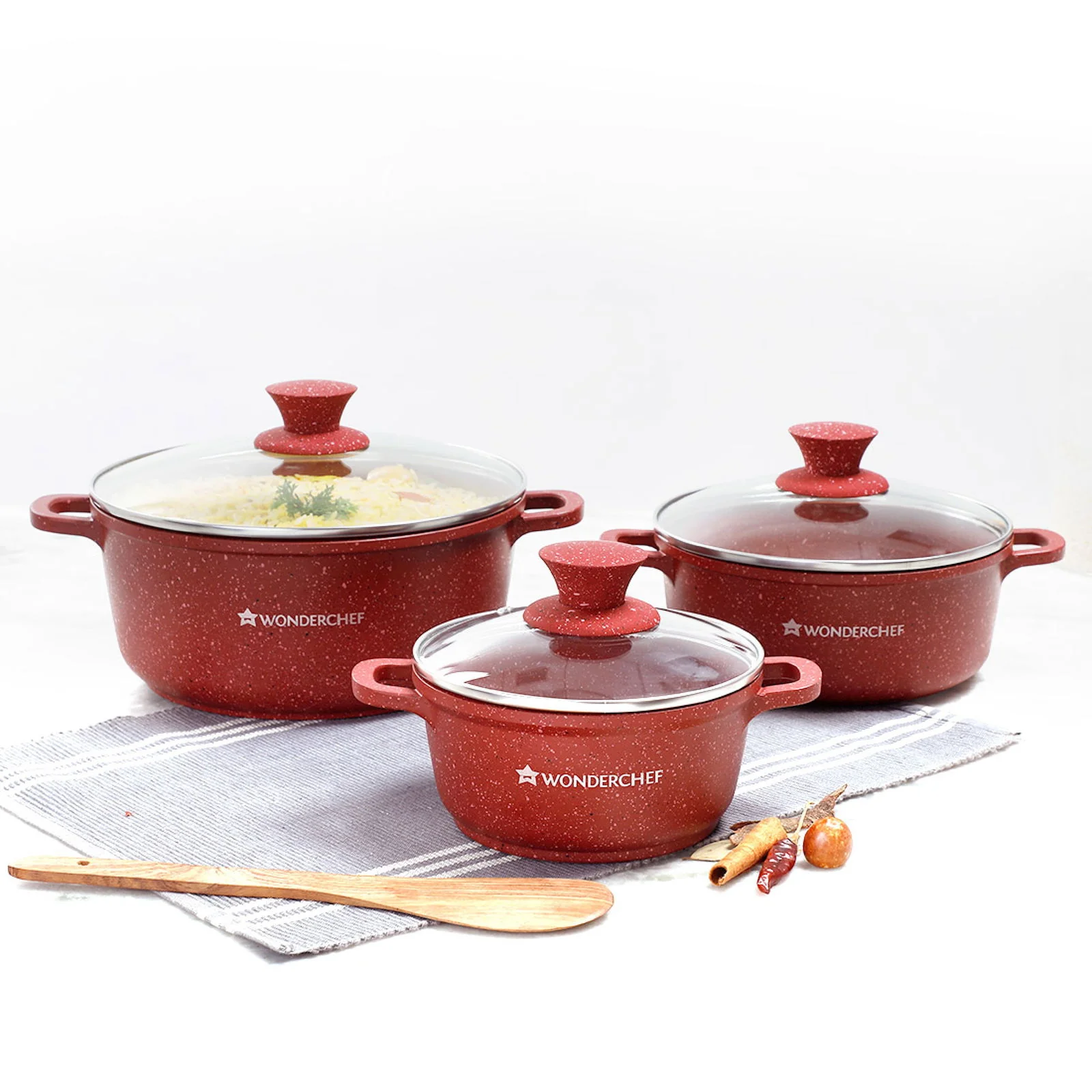 Granite Die-cast Non-stick Casserole Set, 6Pc (1150ML, 2000ML, 4500ML) With Lids, Induction Bottom, Soft Touch Handles, Pure Grade Aluminium, PFOA/Heavy Metal Free, 2 Years Warranty, Red