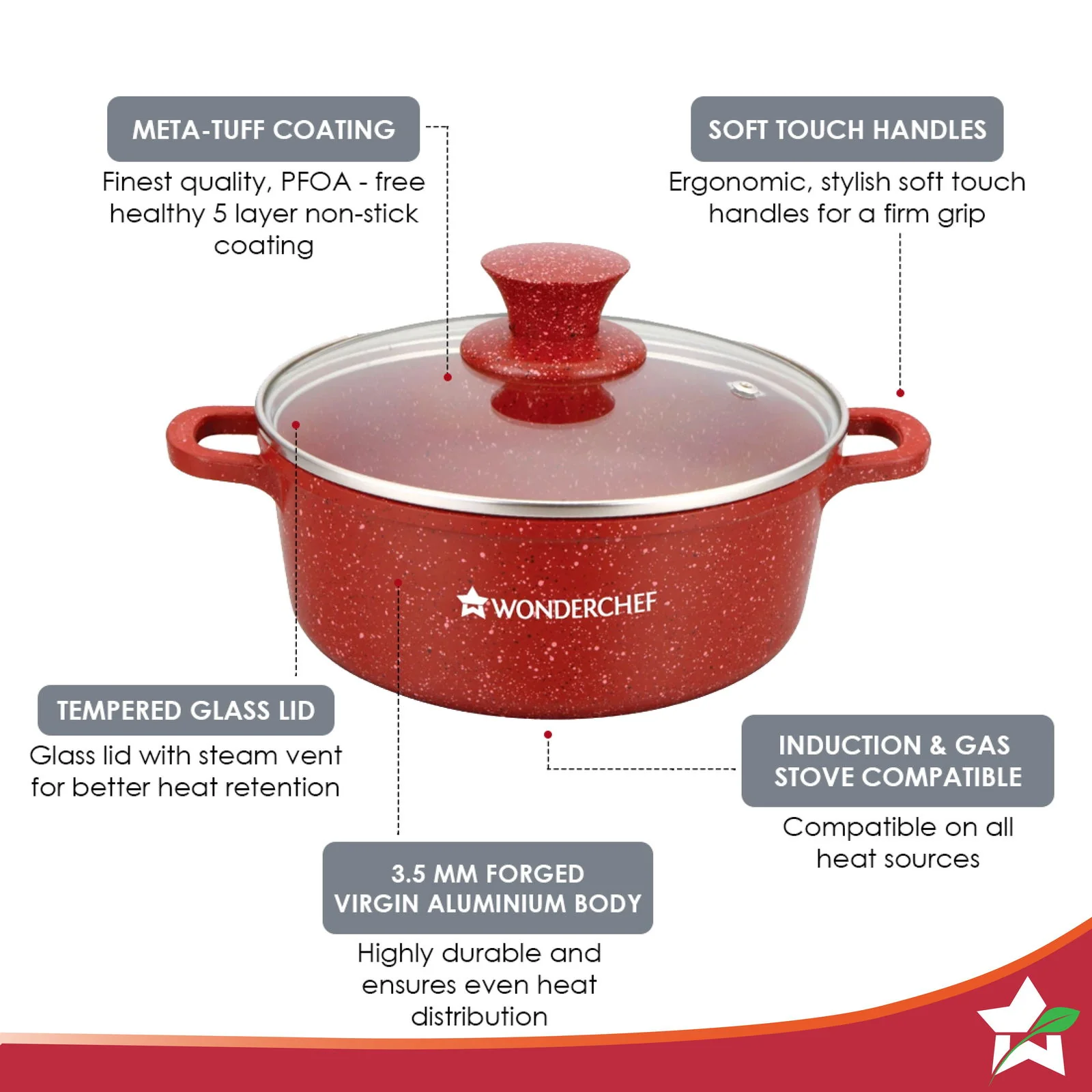 Granite Die-cast Non-stick Casserole Set, 6Pc (1150ML, 2000ML, 4500ML) With Lids, Induction Bottom, Soft Touch Handles, Pure Grade Aluminium, PFOA/Heavy Metal Free, 2 Years Warranty, Red - Image 2