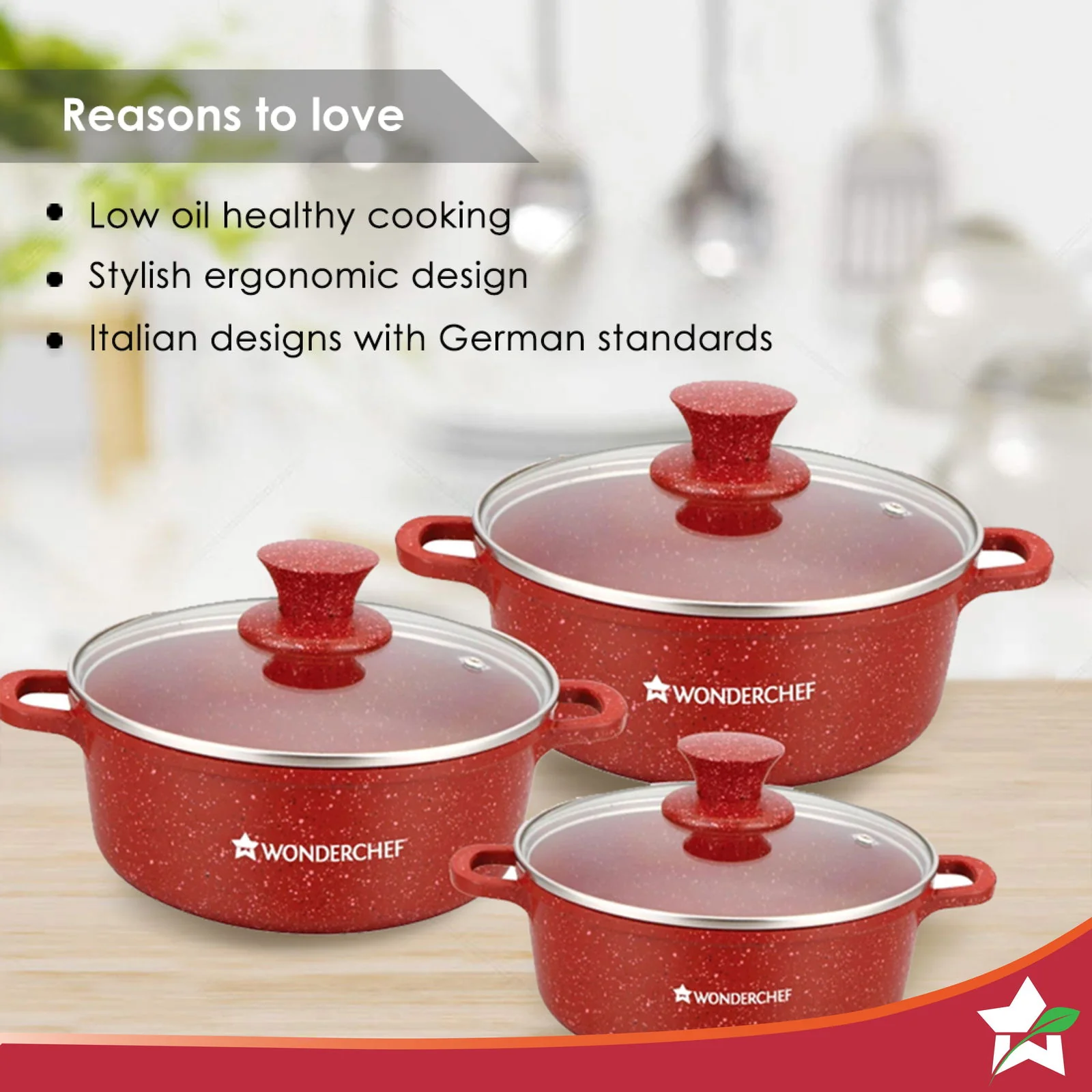 Granite Die-cast Non-stick Casserole Set, 6Pc (1150ML, 2000ML, 4500ML) With Lids, Induction Bottom, Soft Touch Handles, Pure Grade Aluminium, PFOA/Heavy Metal Free, 2 Years Warranty, Red - Image 4