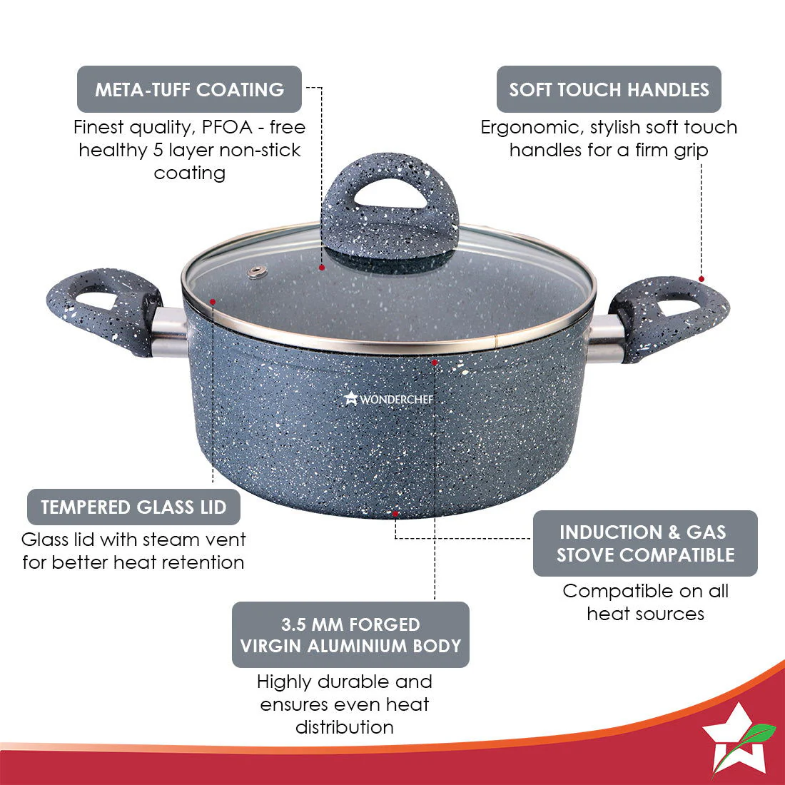 Wonderchef Renewed Granite Die-Cast Non-stick Casserole 16cm (without Lid) | Induction Bottom | Soft-touch Handles | Virgin Grade Aluminium | 3.5mm Thick | PFOA/Heavy Metals Free - Image 3