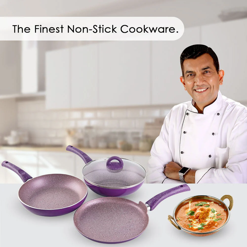 Granite Non-stick Cookware Set, 4Pc (Frying Pan With Lid, Wok, Dosa Tawa), Induction Bottom, Soft-Touch Handles, Pure Grade Aluminium, PFOA, 3.5mm, 2 Years Warranty, Purple - Image 2