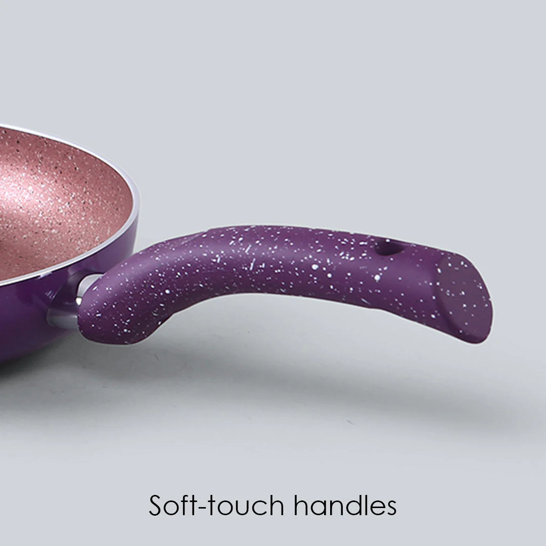 Granite Non-stick Cookware Set, 4Pc (Frying Pan With Lid, Wok, Dosa Tawa), Induction Bottom, Soft-Touch Handles, Pure Grade Aluminium, PFOA, 3.5mm, 2 Years Warranty, Purple - Image 6