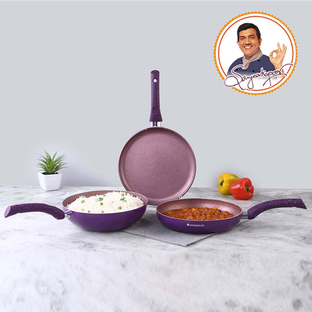Granite Non-stick Cookware Set, 4Pc (Frying Pan With Lid, Wok, Dosa Tawa), Induction Bottom, Soft-Touch Handles, Pure Grade Aluminium, PFOA, 3.5mm, 2 Years Warranty, Purple - Image 8