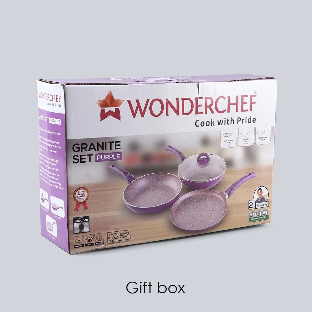 Granite Non-stick Cookware Set, 4Pc (Frying Pan With Lid, Wok, Dosa Tawa), Induction Bottom, Soft-Touch Handles, Pure Grade Aluminium, PFOA, 3.5mm, 2 Years Warranty, Purple - Image 9