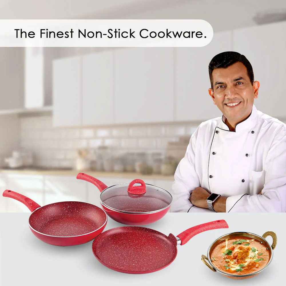 Granite Non-stick Cookware Set, 4Pc (Frying Pan With Lid, Wok, Dosa Tawa), Induction Bottom, Pure Grade Aluminium, PFOA, 3.5mm, 2 Years Warranty, Red - Image 2